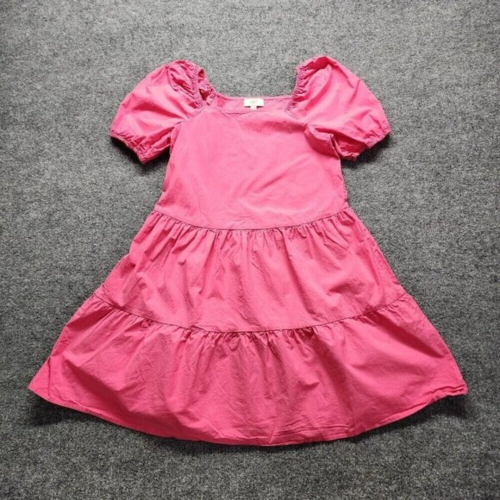Ann Taylor LOFT Pink Puff Sleeve Tiered Knee Length Pink Cotton Dress Size Small
